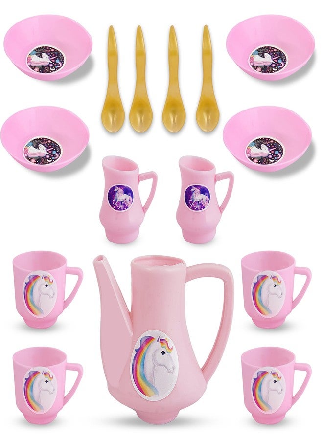 VGRASSP Plastic Tea Party Pretend Play Kitchen Coffee Set 15 Pc - Toy Pot, Cups, Saucers, Kettle, Milk Pots & Spoons Fun Learning Playset - Multicolor (Color As Per Stock) - Image 1